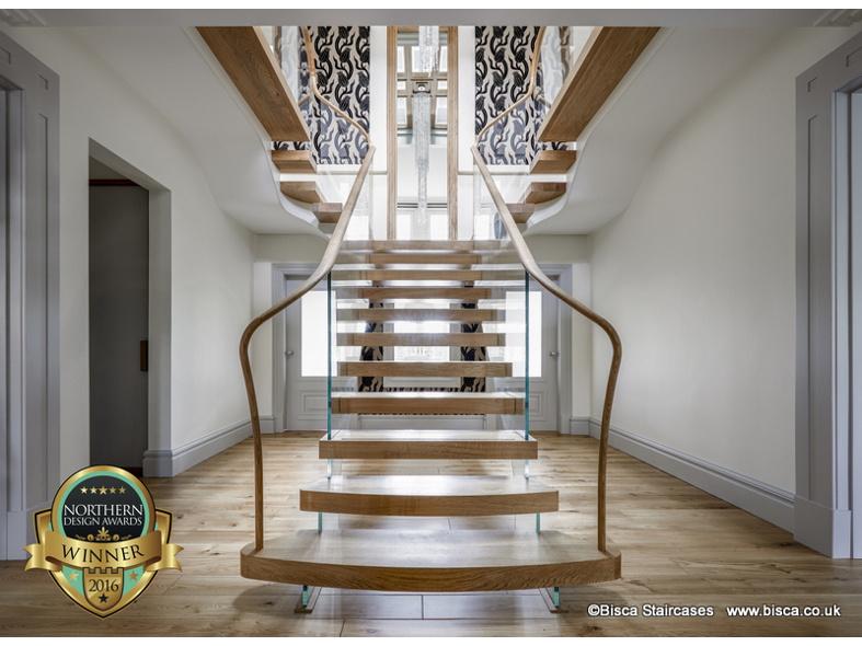 Staircase of figured English Oak and low iron glass